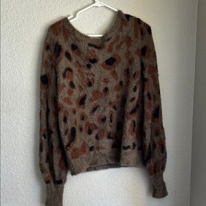 Leopard Print Fuzzy Scoop Neck Sweater in Brown